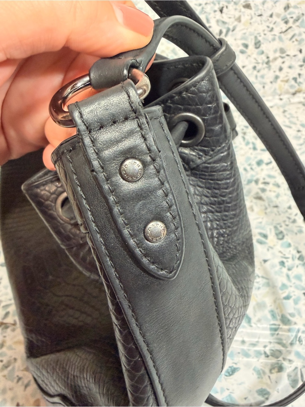 Coach Mickie Black Snakeskin Embossed Leather Drawstring Shoulder Bag F35928 - Picture 7 of 9